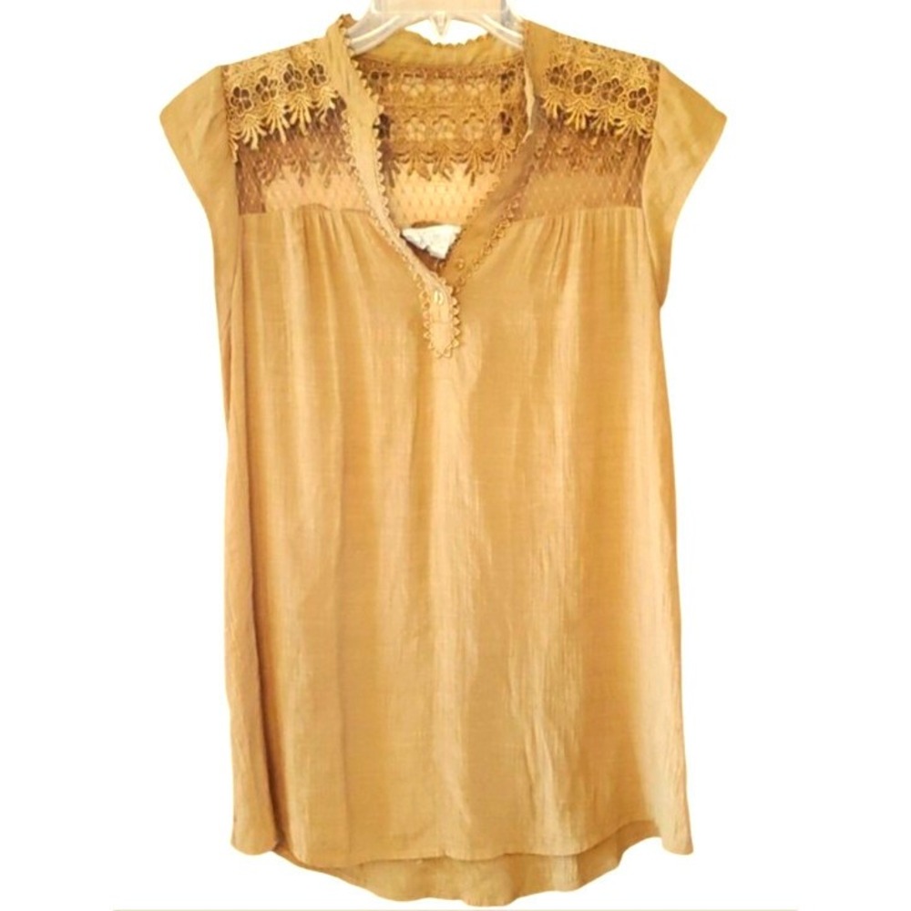 Sweet Wanderer Mustard‎ Yellow Lace Yoke Cap-Sleeve Maternity Top Size Medium